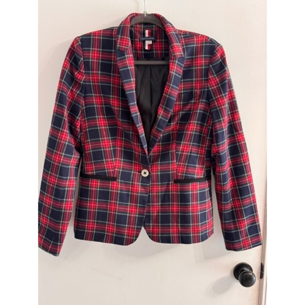Tommy Hilfiger Plaid Blazer Red Navy Tartan Elbow Patches Size 8